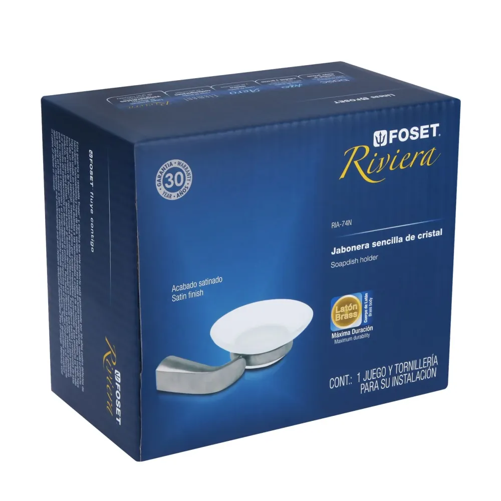 Jabonera de latón acabado satín con plato de vidrio, Riviera Foset