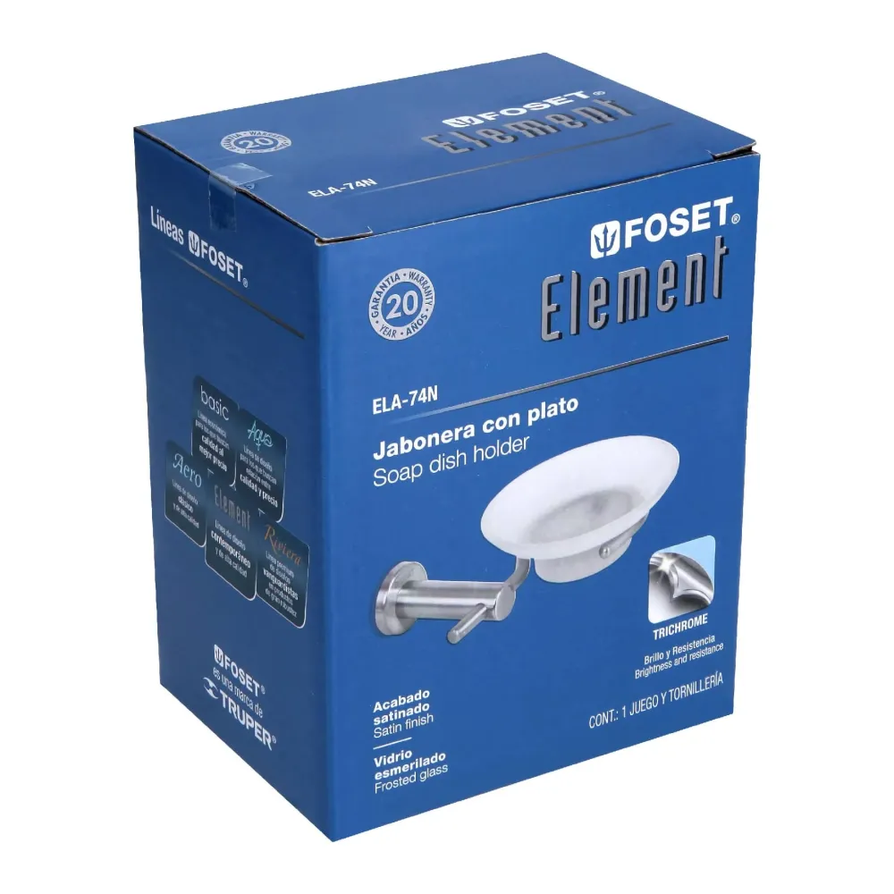 Jabonera metálica satín con plato de vidrio, Foset Element
