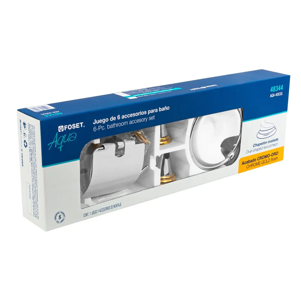 Juego de 6 acc. para baño cromo-oro chapetón ovalado, Aqua Foset