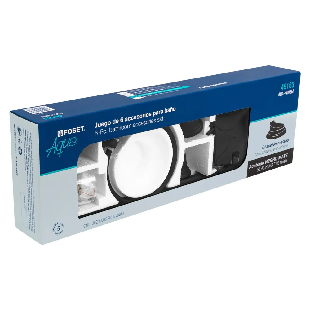 Juego de 6 acc. para baño negro mate chapetón ovalado, Aqua Foset