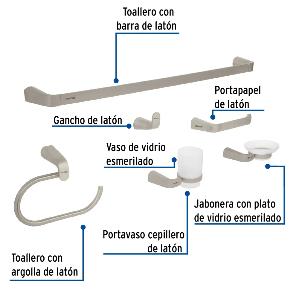 Juego de 6 accesorios para baño acabado satín, Riviera Foset