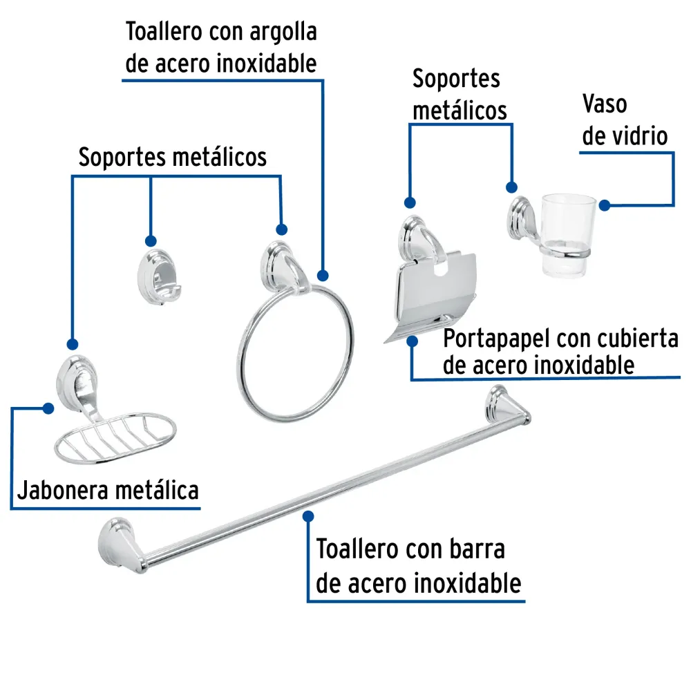 Juego de 6 accesorios para baño cromo chapetón ovalado, Aqua Foset