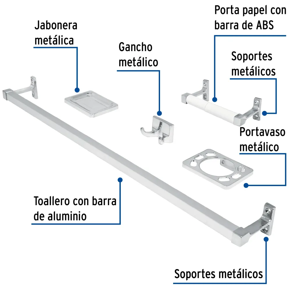 Juego de 5 accesorios para baño, metálicos, cromo, BASIC Foset