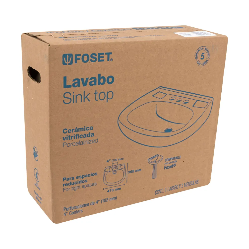Lavabo de porcelana con rebosadero, marfil, Foset