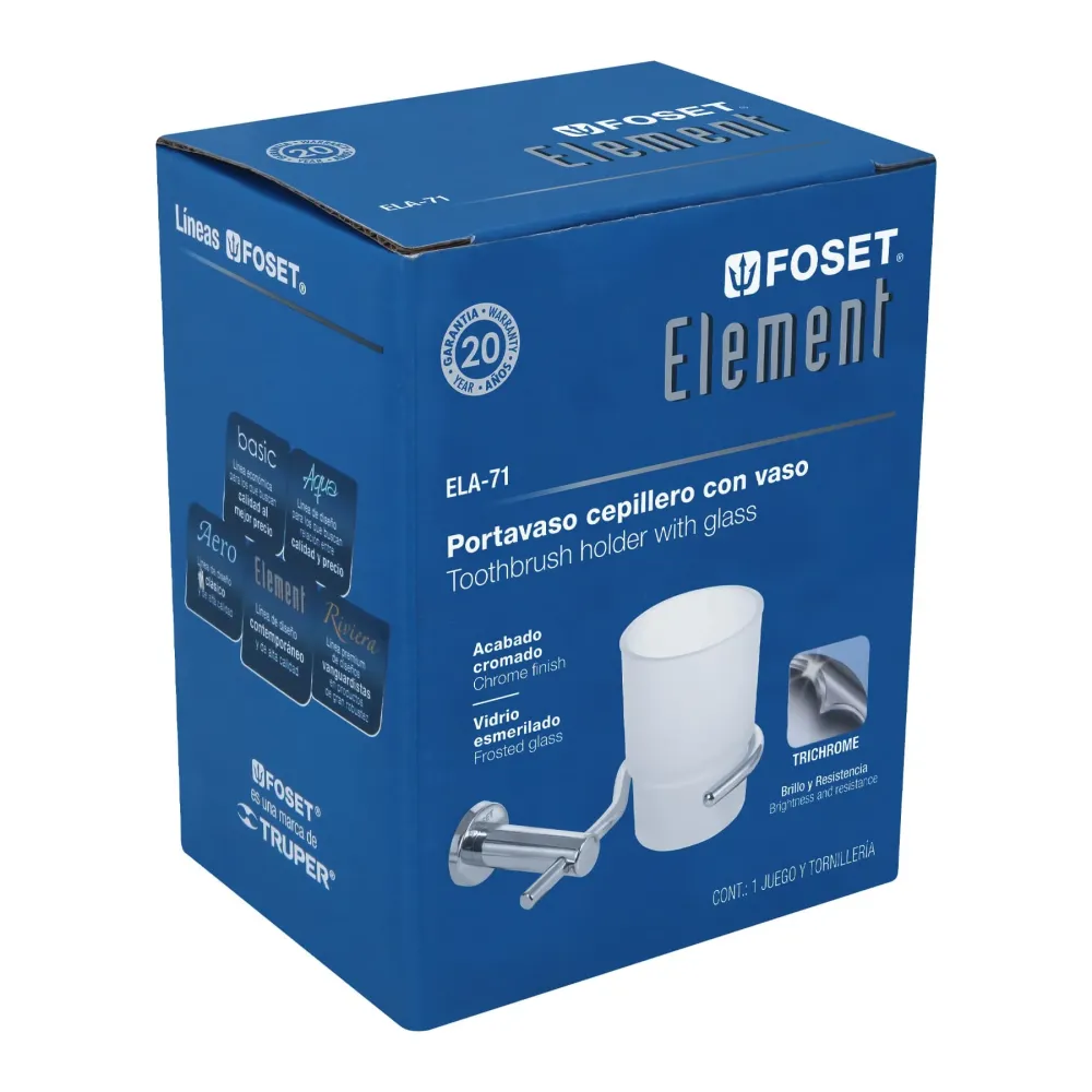 Portavaso cepillero cromo con vaso de vidrio, Foset Element