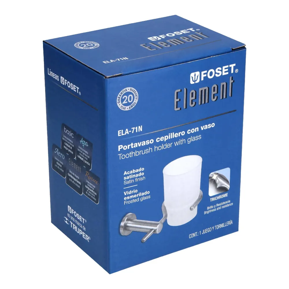 Portavaso cepillero satín con vaso de vidrio, Foset Element