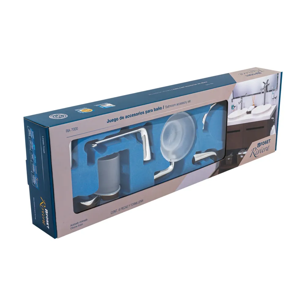 RIA-7000 Juego de accesorios para baño, cromado, 6 piezas, Riviera Foset