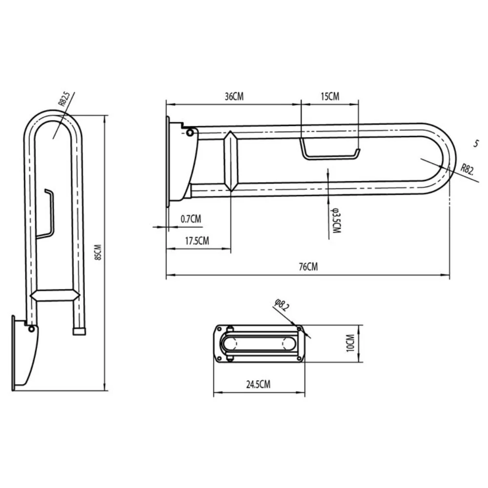 Barra de apoyo abatible INOX 304 multifunción GME Ø35x760 mm con gancho – Barra de seguridad baño