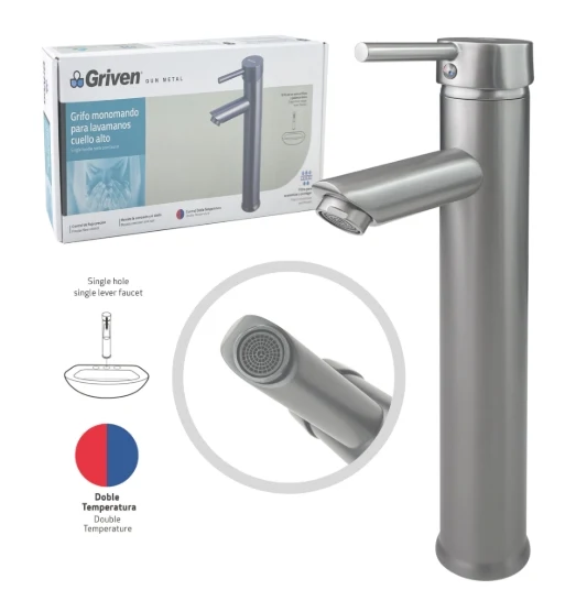 Grifo Monomando en Acero Inoxidable de Doble Temperatura con Altura de 30CM para Baño - Acabado Gris Satinado
