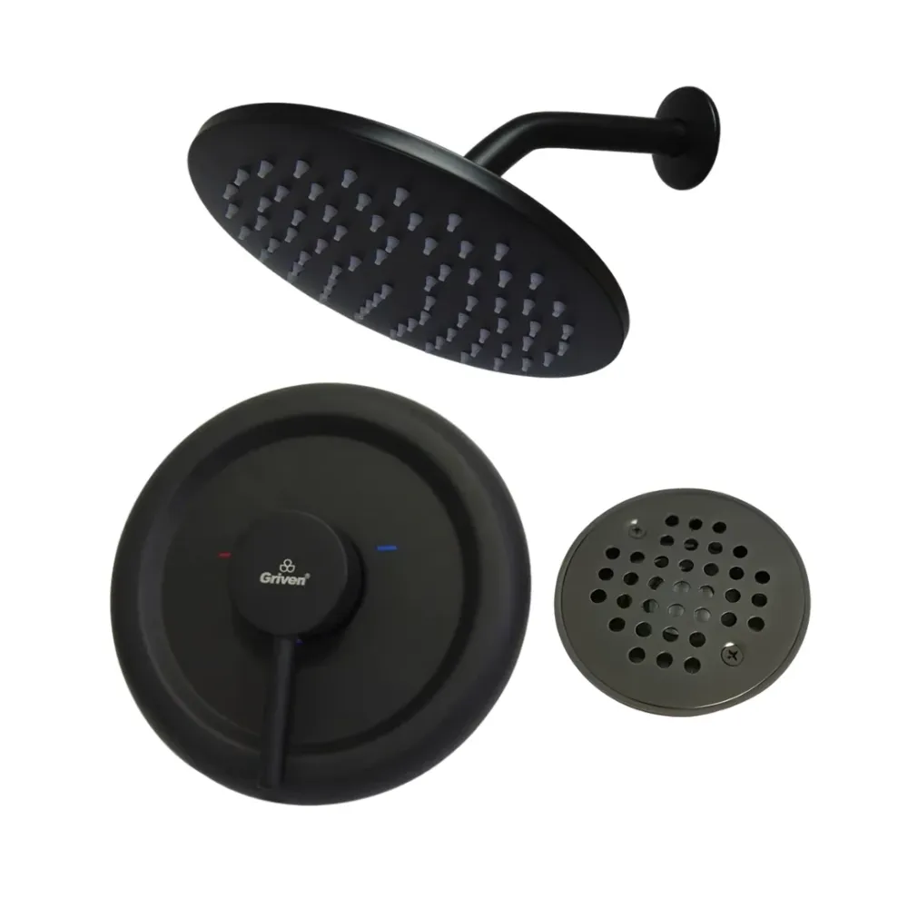 Combo de ducha redonda de 8" con monomando en acero inoxidable negro + Desagüe 4" x 4" Griven