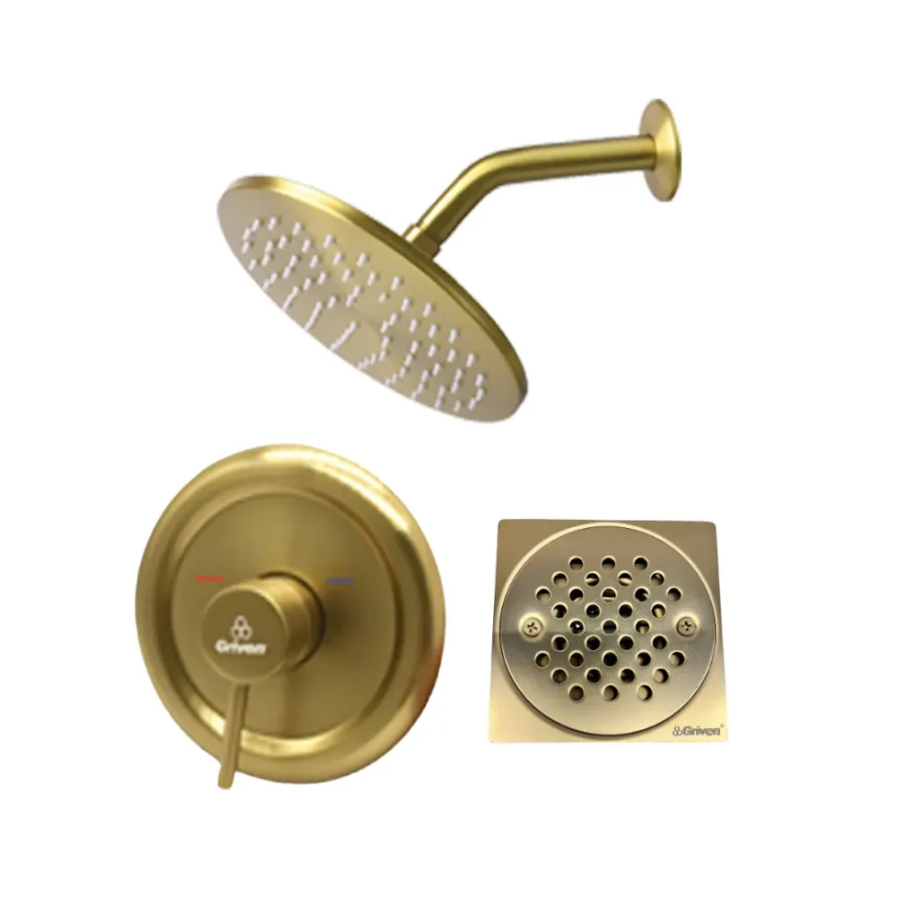 Combo de ducha redonda de 8" con monomando en acero inoxidable dorado + Desagüe 4" x 4" Griven