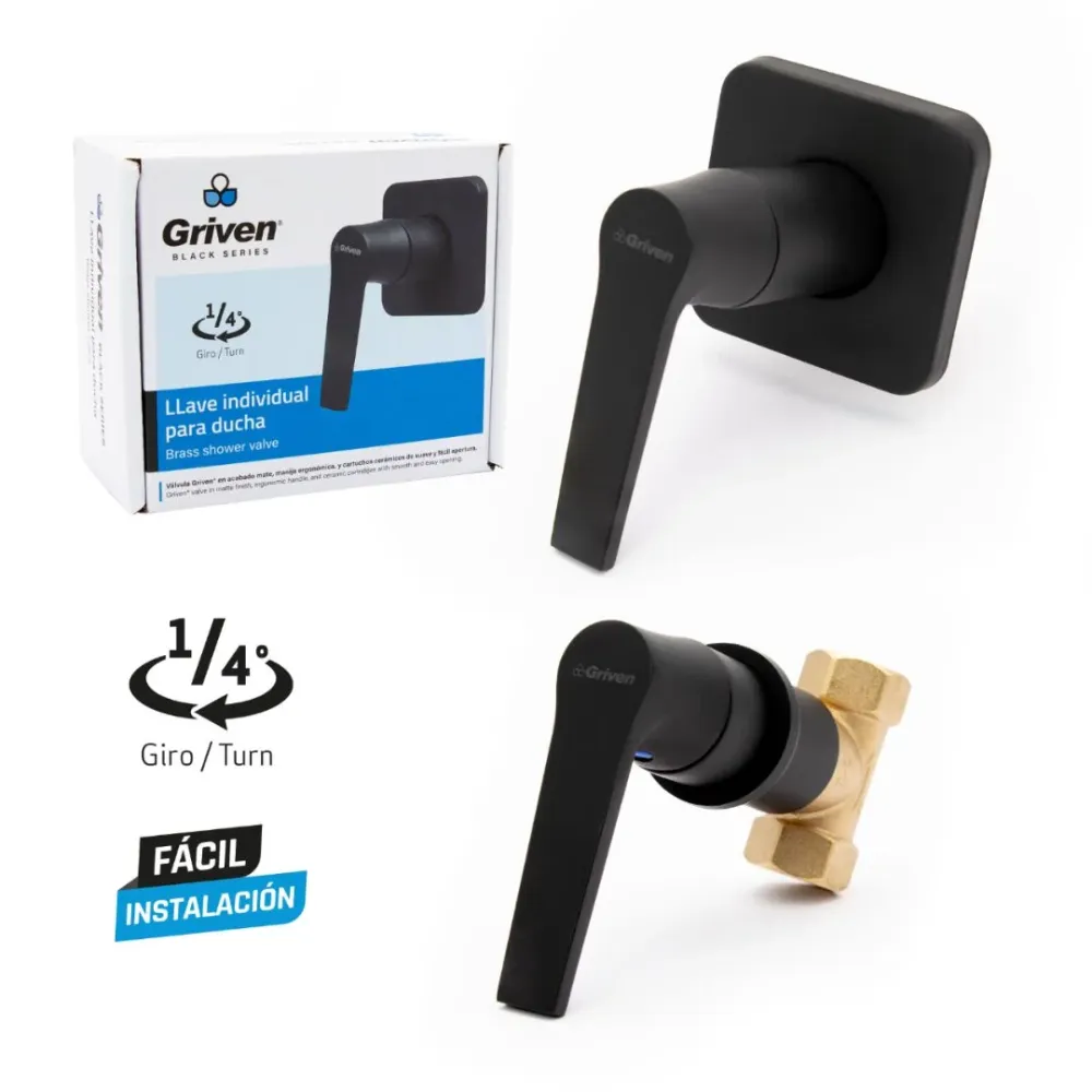 Llave individual para ducha cuadrada en acero inoxidable negro - Una temperatura Griven
