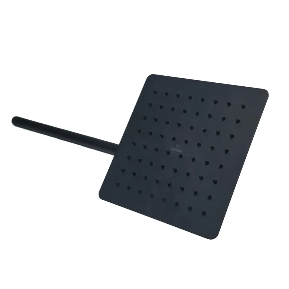 Regadera de ducha cuadrada 8″ ultradelgada en acero inoxidable negro con tubo de 50 cm Griven