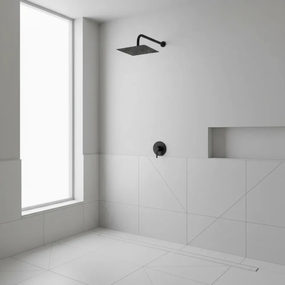 Regadera de ducha cuadrada 8″ ultradelgada en acero inoxidable negro con tubo de 50 cm Griven