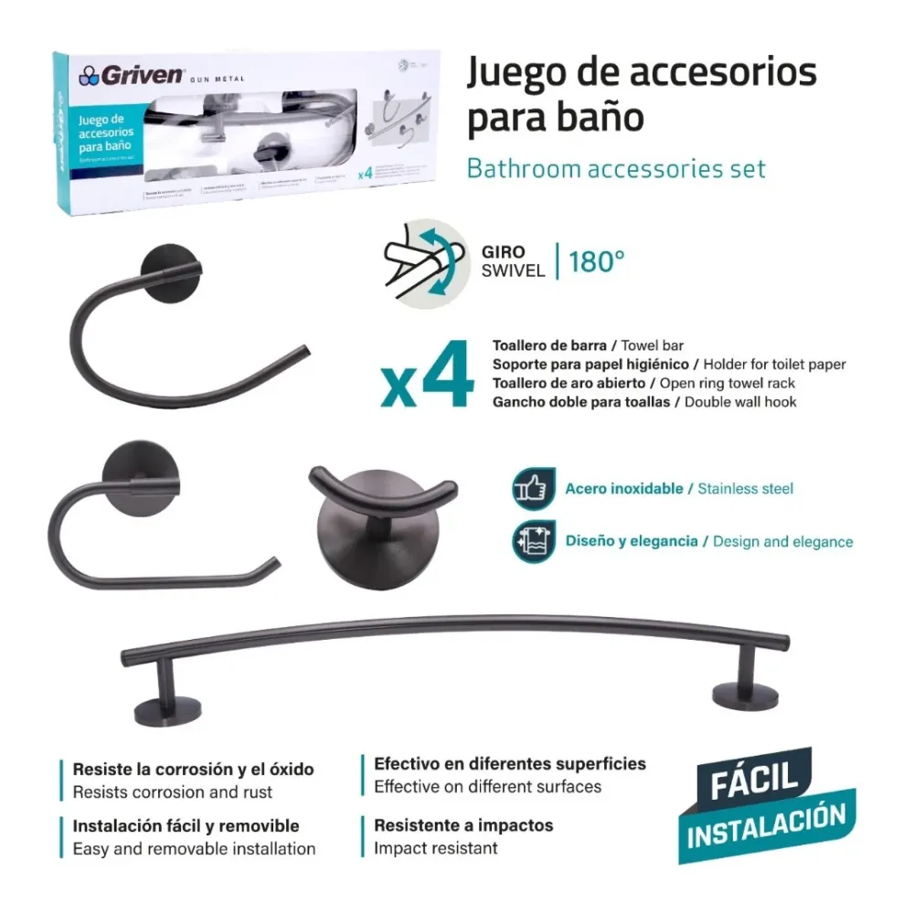 Set de Accesorios para Baño (4 Piezas) - Acero Inoxidable / Acabado Gunmetal (plomo) Griven