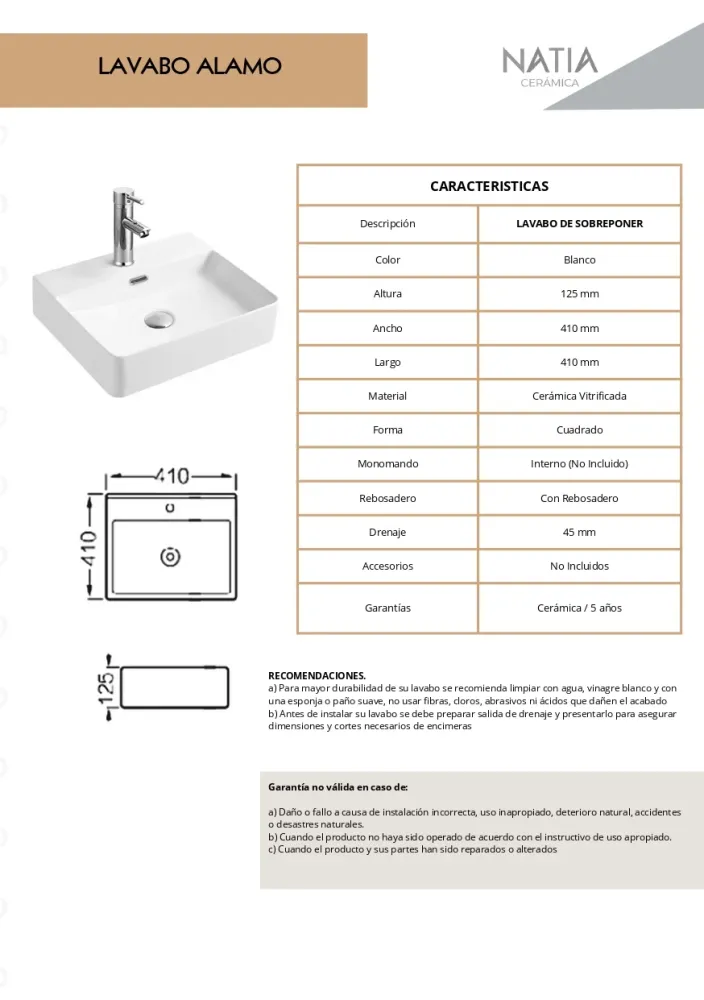 LAVABO CERAMICO DE SOBREPONER ALAMO BLANCO BRILLANTE NATIA Home Design México