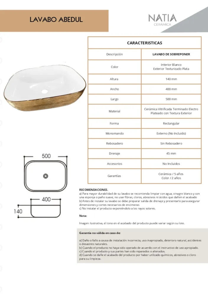 LAVABO CERAMICO DE SOBREPONER MOD. ABEDUL DORADO NATIA Home Design México