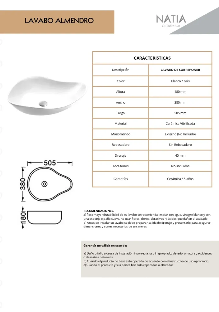 LAVABO CERAMICO DE SOBREPONER MOD. ALMENDRO BLANCO NATIA Home Design México