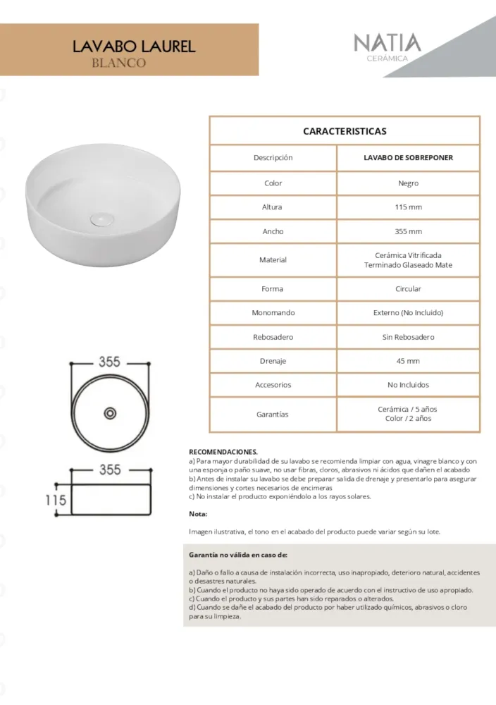 LAVABO CERAMICO DE SOBREPONER MOD.LAUREL BLANCO MATE NATIA Home Design México