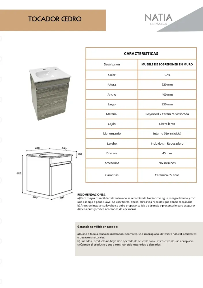 TOCADOR CON LAVABO SIN REBOSADERO MOD. CEDRO GRIS NATIA Home Design México