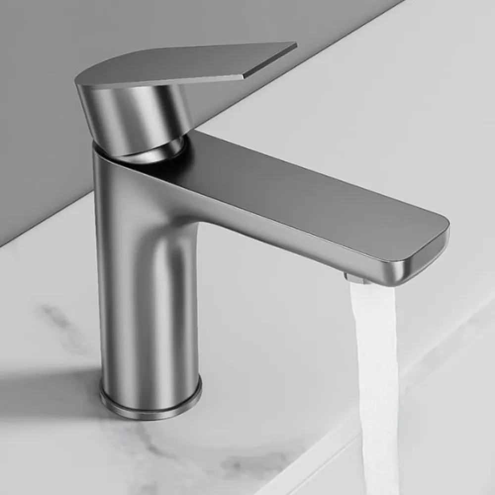 Grifo monomando bajo para lavamanos Hydrium en acero inoxidable gunmetal - Doble temperatura