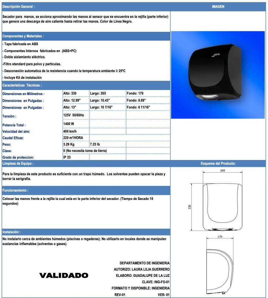 SECADOR AVE OPTICO 125V NEGRO MATE AA19926 JOFEL