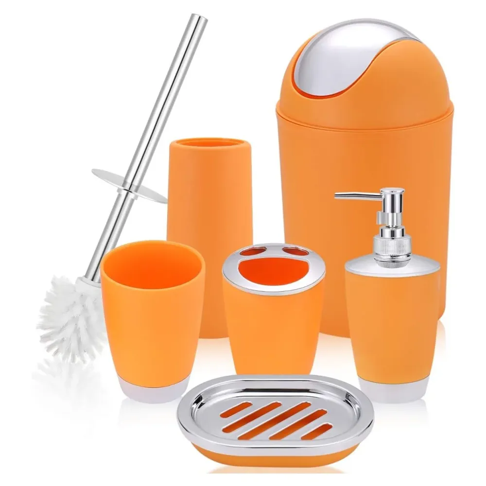 Juego de Accesorios Para Baño 6 Piezas Set Jabonera Cepillo Inodoro Orange
