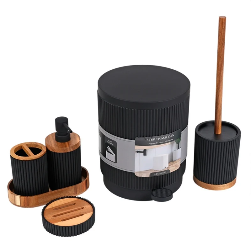 Juego de Accesorios para Baño Set de 6 Piezas Diseño Acanalado Negro