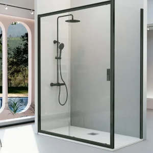 Mampara Angular SIENA IE102+BL103 de Kassandra | 1 Fijo + 1 Corredera + Lateral Fijo | Antical | 195 cm Plata