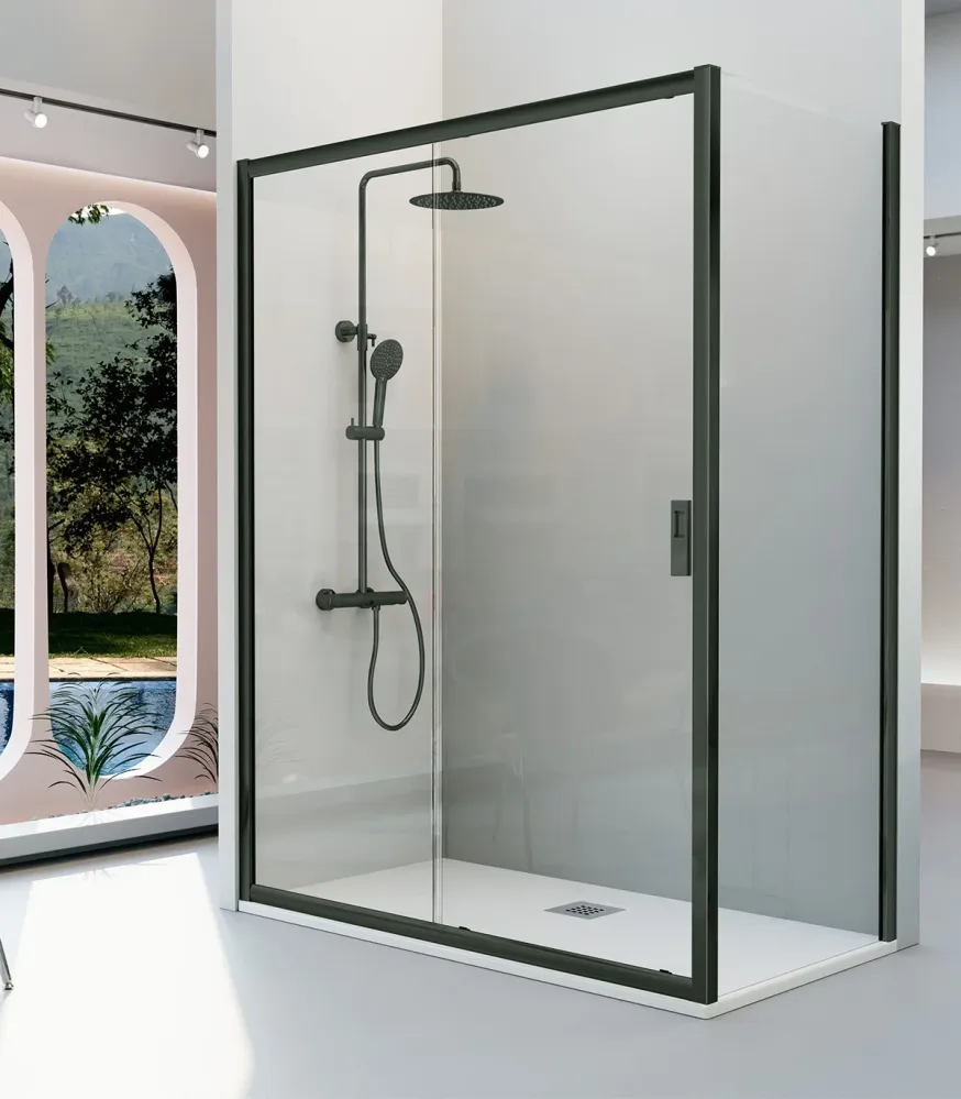Mampara Angular SIENA IE102+BL103 de Kassandra | 1 Fijo + 1 Corredera + Lateral Fijo | Antical | 195 cm Plata