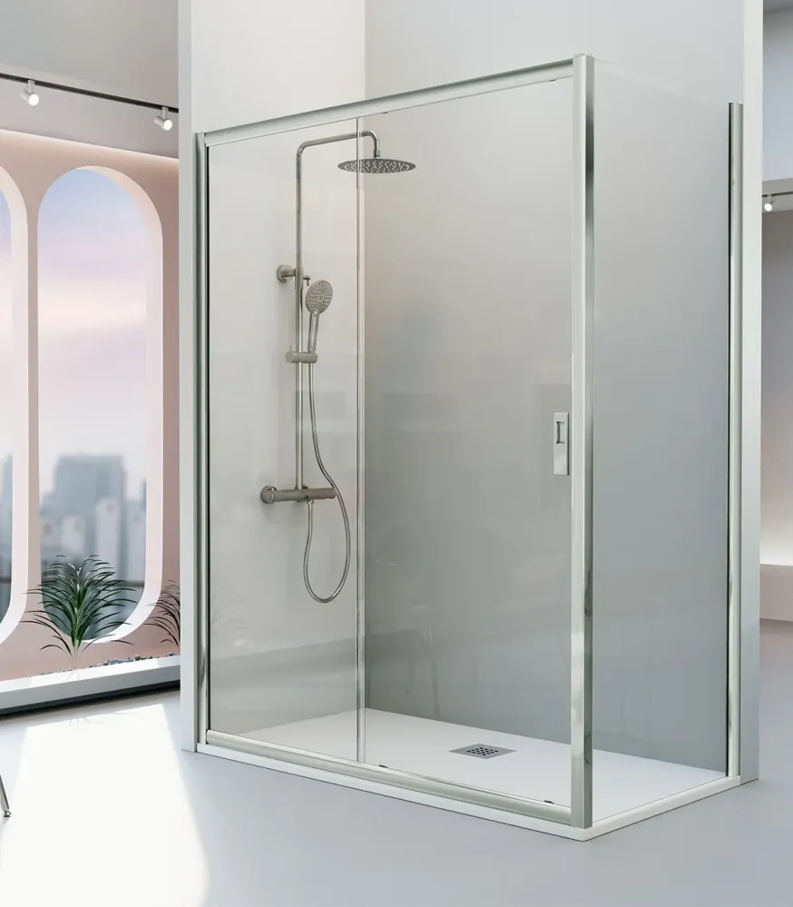 Mampara Angular SIENA IE102+BL103 de Kassandra | 1 Fijo + 1 Corredera + Lateral Fijo | Antical | 195 cm Plata