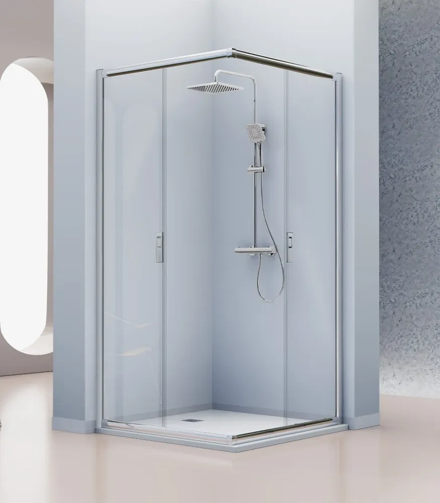 Mampara Angular Siena IE607 de Kassandra | 2 Fijos + 2 Correderas | Tirador Embutido | Antical | 195 cm Plata