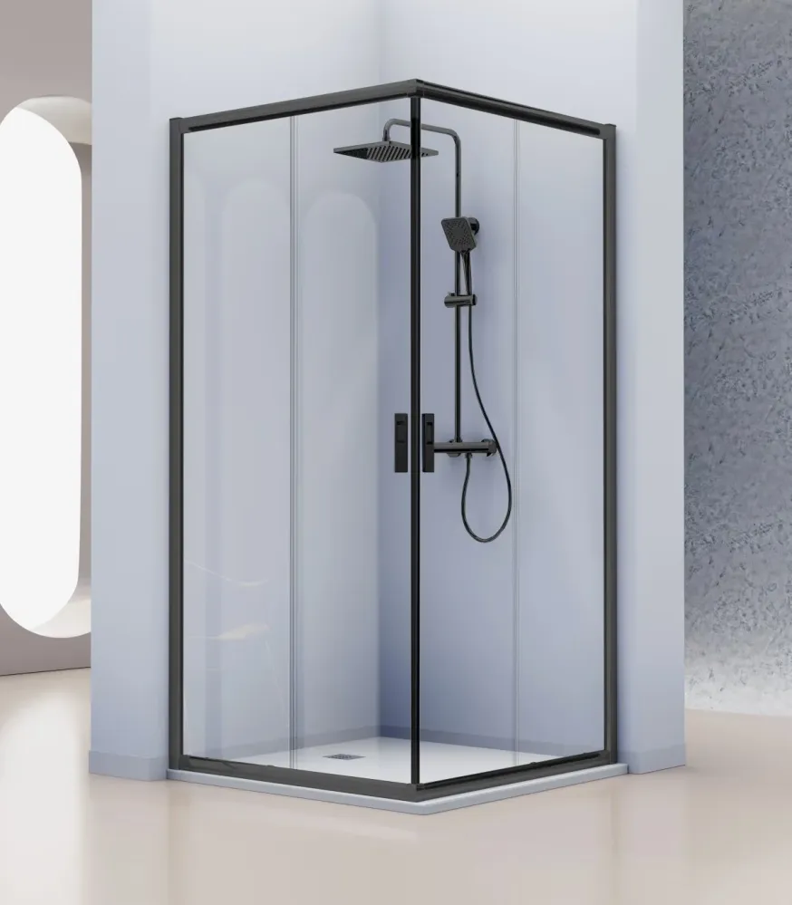 Mampara Angular Siena IE607 de Kassandra | 2 Fijos + 2 Correderas | Tirador Embutido | Antical | 195 cm Plata
