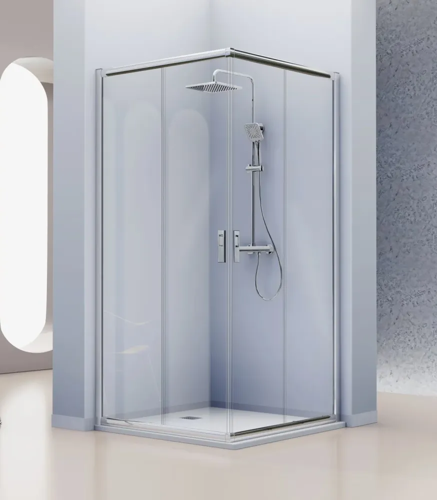 Mampara Angular Siena IE607 de Kassandra | 2 Fijos + 2 Correderas | Tirador Embutido | Antical | 195 cm Plata