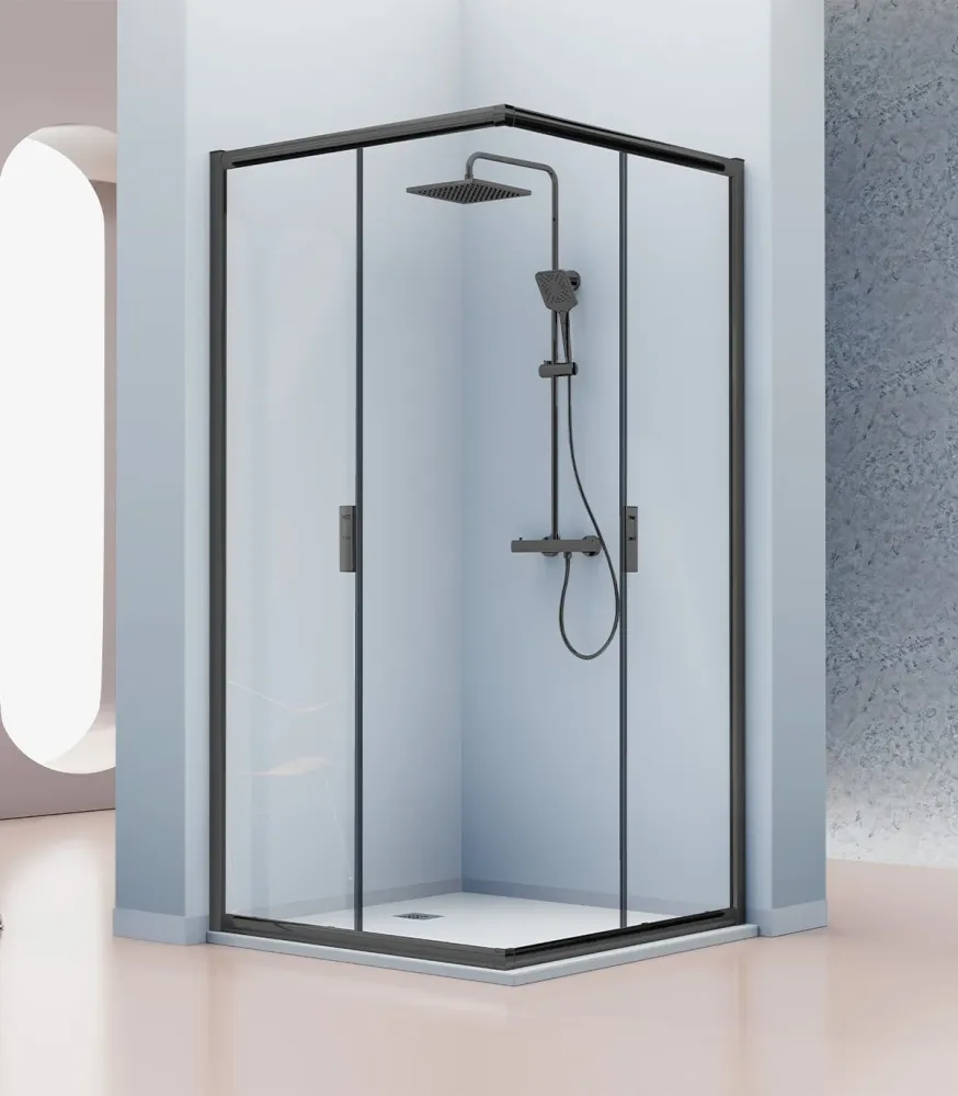 Mampara Angular Siena IE607 de Kassandra | 2 Fijos + 2 Correderas | Tirador Embutido | Antical | 195 cm Plata