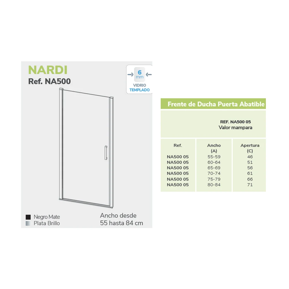 Mampara de Ducha NARDI NA500 Kassandra | 1 Puerta Abatible | Sin Perfil | Easy Clean | Hasta 84 cm Plata