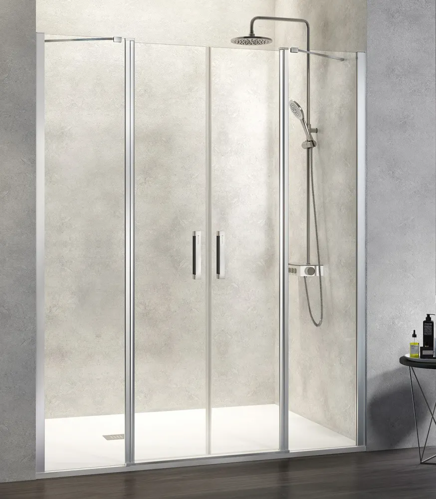 Mampara NARDI NA515 de Kassandra | 2 Fijos + 2 Puertas Abatibles | Sin Perfil Superior/Inferior | Easy Clean Plata