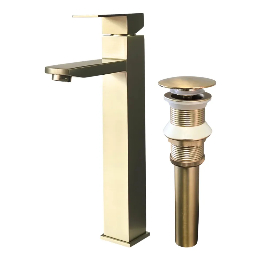 Combo de grifo monomando alto para lavamanos Kennedy en acero inoxidable dorado + Desagüe push Kennedy Structures
