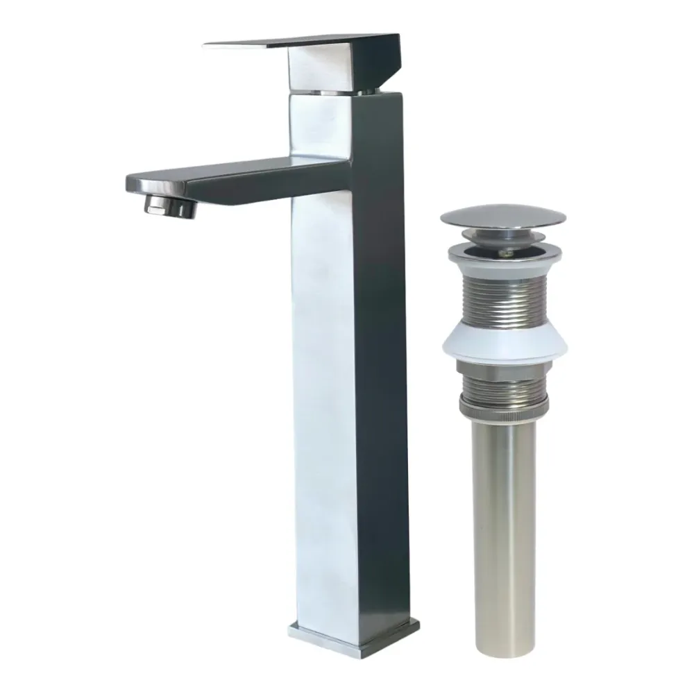 Combo de grifo monomando alto para lavamanos Kennedy en acero inoxidable satinado + Desagüe push Kennedy Structures