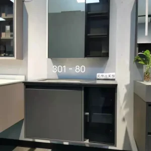 MUEBLE D/BAÑO CON ESPEJO D/ALUMINIO GRIS+ENCIMERA NEGRO 61*48*55CM KENNEDY STRUCTURES CORP.