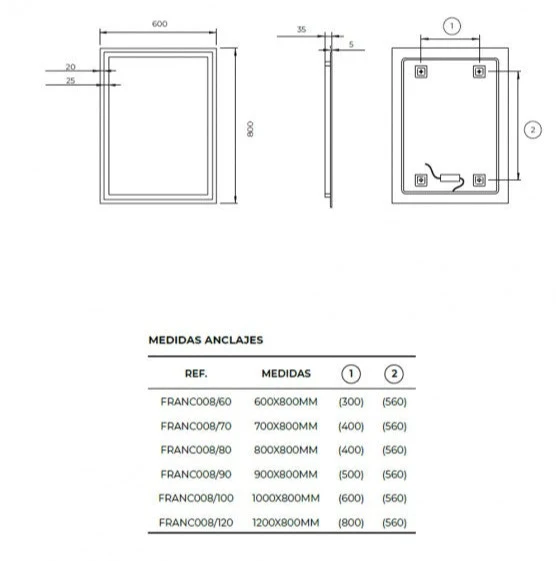 Espejo de Baño Led Rectangular FRANCIA de Ledimex. Varias Medidas