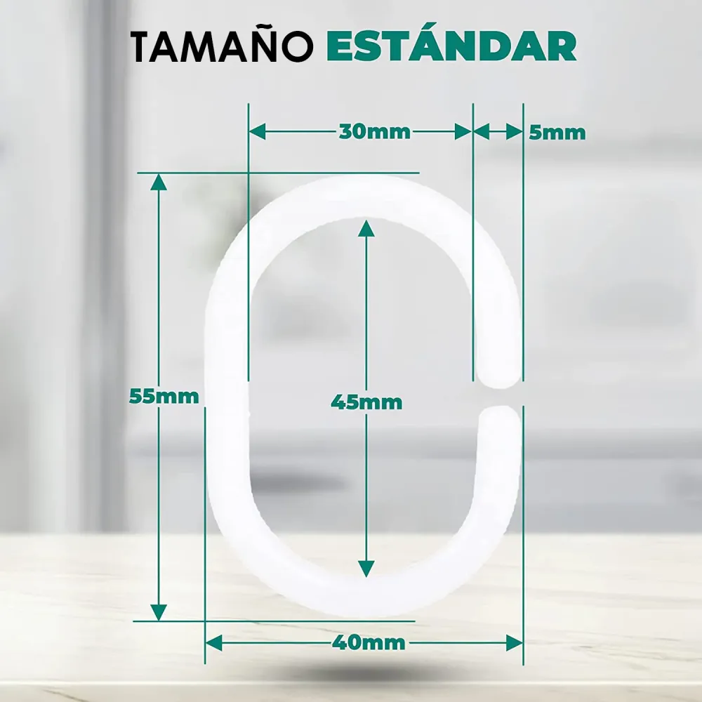 Anillo de ducha en forma C ,ganchos de plástico tipo C para Cortina de ducha de baño, ganchos de revestimiento. Blanco-Neg...