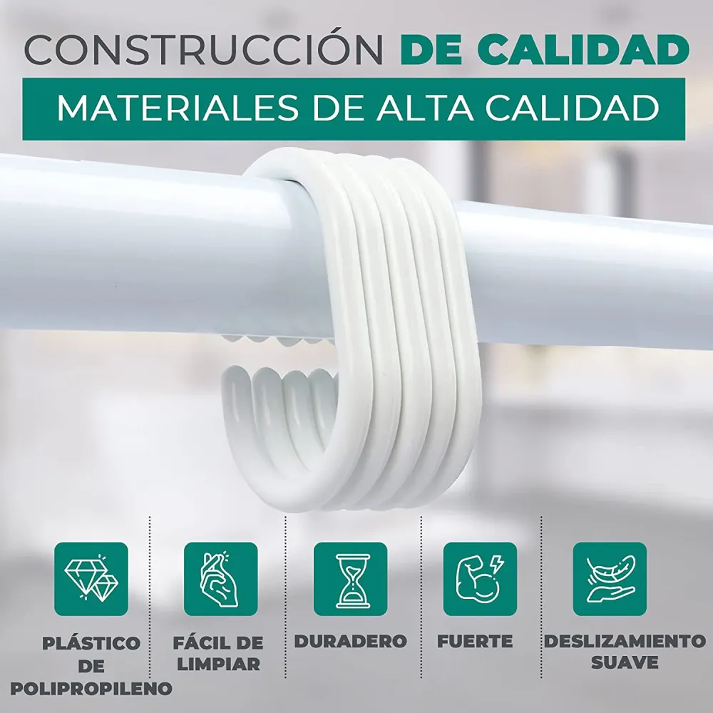 Anillo de ducha en forma C ,ganchos de plástico tipo C para Cortina de ducha de baño, ganchos de revestimiento. Blanco-Neg...