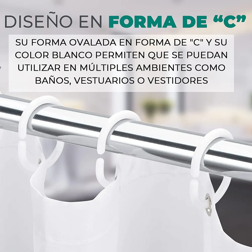 Anillo de ducha en forma C ,ganchos de plástico tipo C para Cortina de ducha de baño, ganchos de revestimiento. Blanco-Neg...