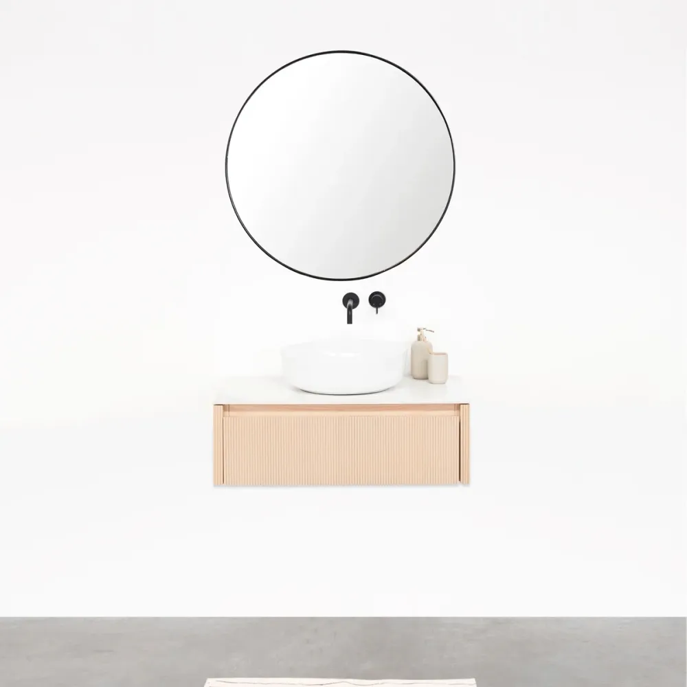 Mobiliario de baño Roble - Ahun - Lavabo de porcelana Alexis II - Encimera Marcel cerámica blanca - 80 cm