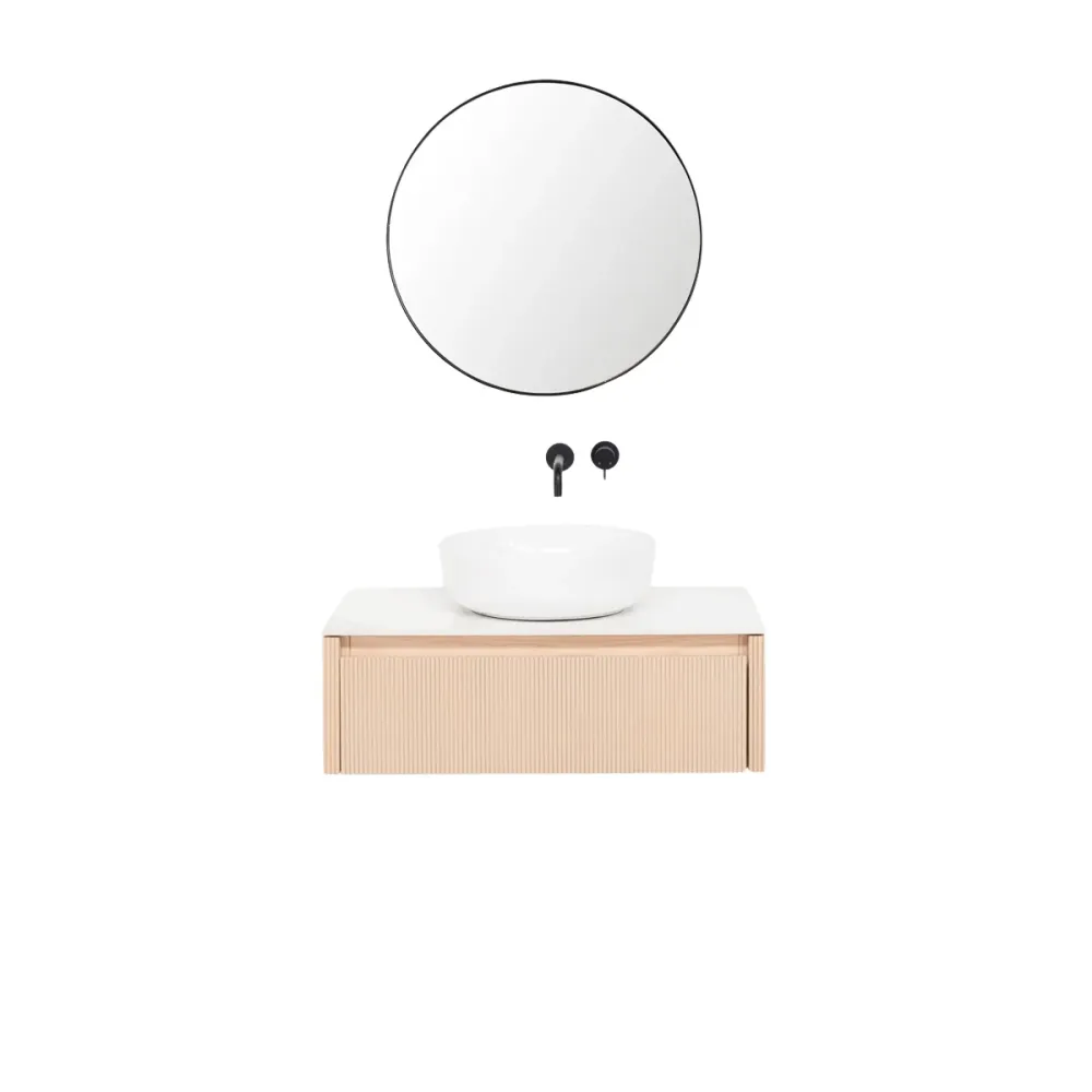 Mobiliario de baño Roble - Ahun - Lavabo de porcelana Alexis II - Encimera Marcel cerámica blanca - 80 cm
