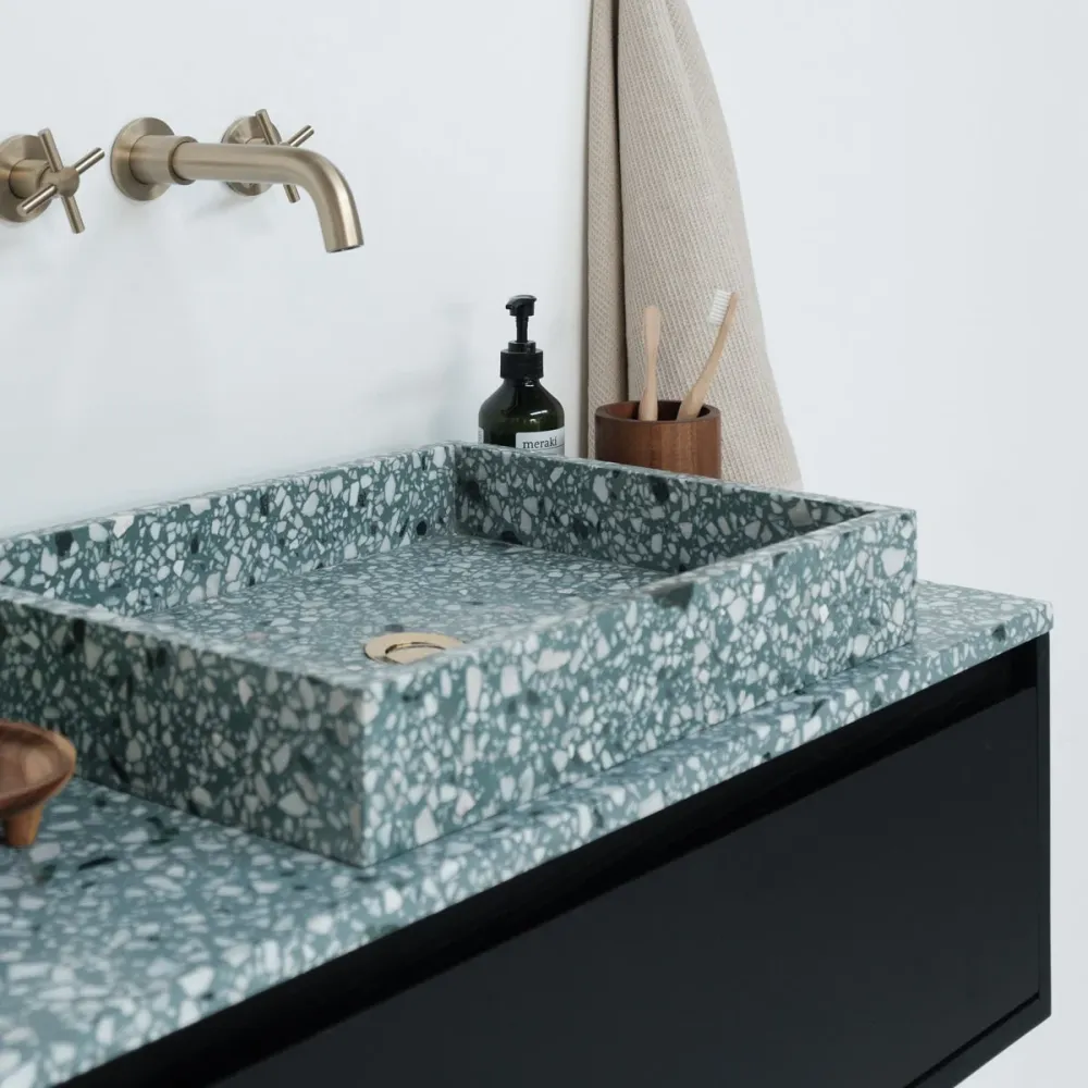 Mueble de baño Ann corto - Roble negro - Terrazo verde - 150x25 cm