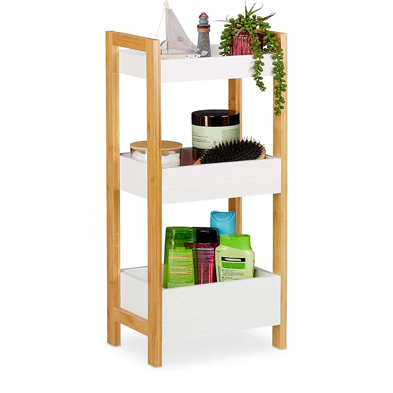 Mueble Baño Cocina 3 Niveles Con Cestas Estante Hogar Bambú Blanco Claro