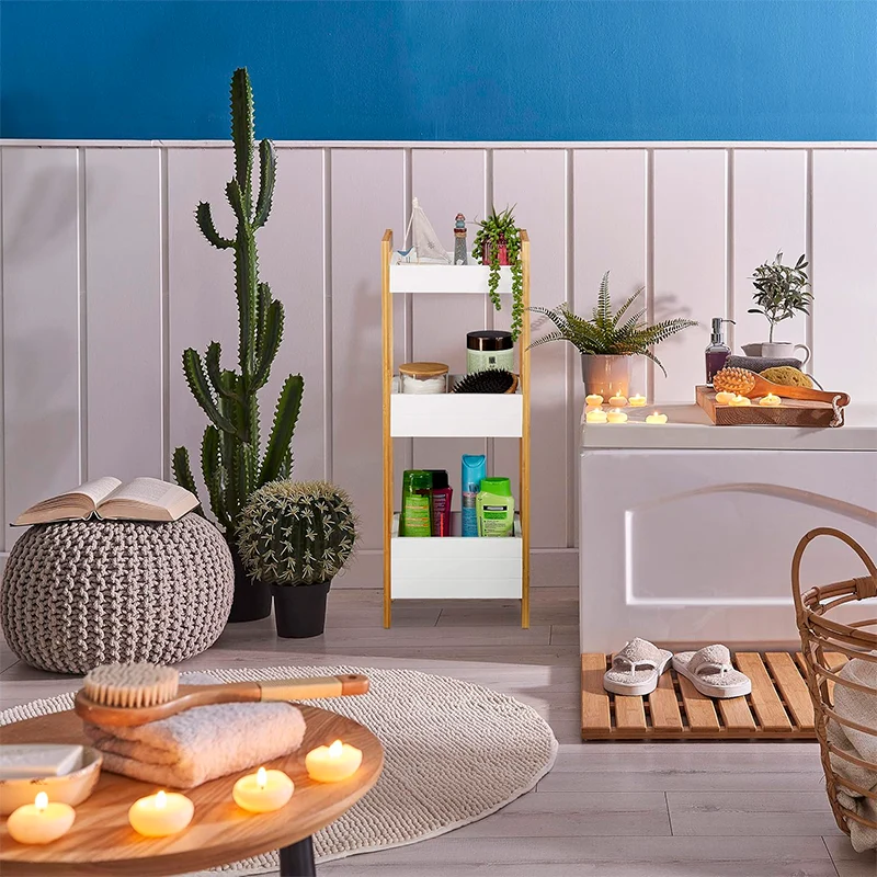 Mueble Baño Cocina 3 Niveles Con Cestas Estante Hogar Bambú Blanco Claro