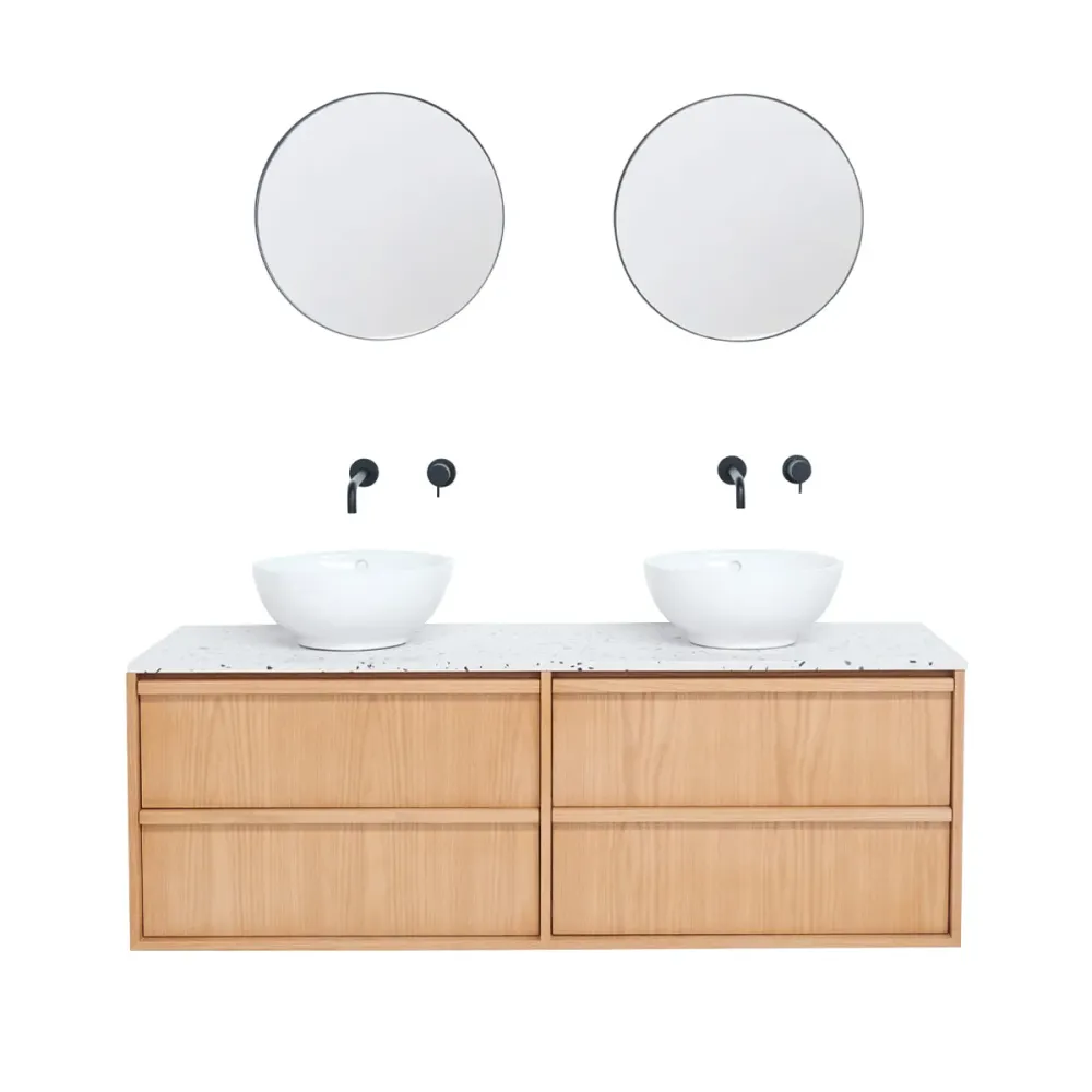 Mueble de baño escandinavo de roble Fien - Lavabos Alexis I - Placa superior de terrazo blanco - 150 cm